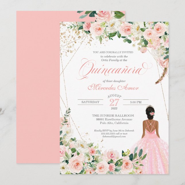  Rosa ros Blommigt Quinceanera Firande Inbjudningar (Fram/baksida)