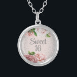 Rosa ros Blommigt Silver Glitter Sverige 16 Silverpläterat Halsband<br><div class="desc">Elegant vintage botaniskt  rosa vattenfärg ro och grönt löv på rosa Sweet 16 silver försatt halsband med mousserande silver glitter. Kontakta mig om du behöver hjälp med dina anpassningar eller om du vill be om ytterligare matchning eller samordning av Zazzle-produkter för party.</div>