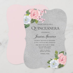 Rosa ros Blommigt Silver Quinceanera Party Inbjuda Inbjudningar