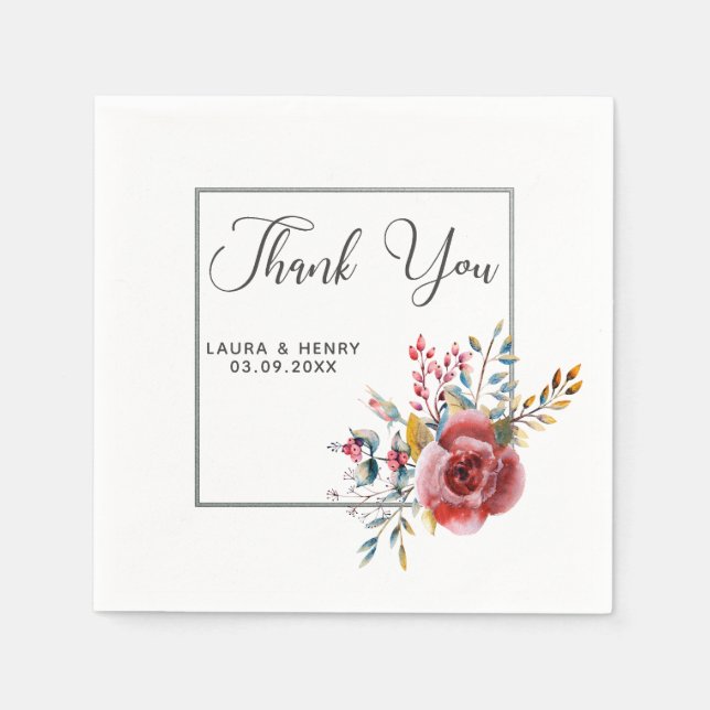 Rosa ros Blommigt Silver Ram Bröllop Pappersservet Pappersservett (Framsidan)