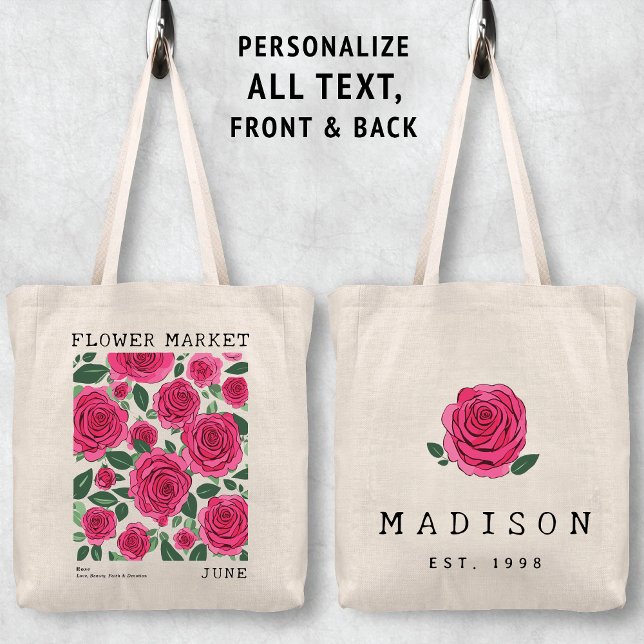 Rosa ros Blommigt Skriv ut juni FLOW-marknaden Tygkasse (Personalized June Birth Flower Market Tote Bag, Custom Name Tote Bag, Bachelorette Bridesmaid Gifts )