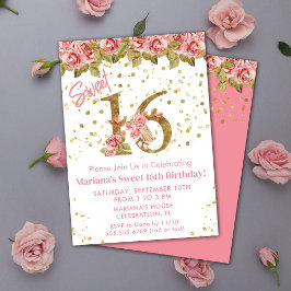 Rosa ros Blommigt Sweet 16 Födelsedagsfest Inbjudningar