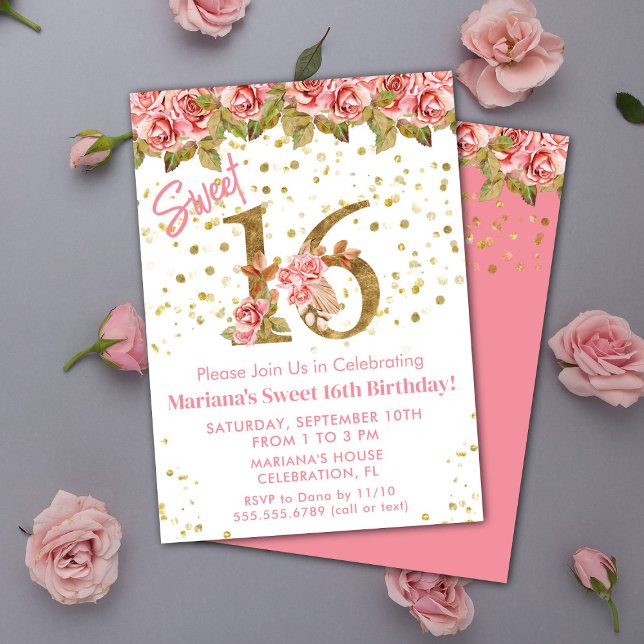 Rosa ros Blommigt Sweet 16 Födelsedagsfest Inbjudningar (Skapare uppladdad)