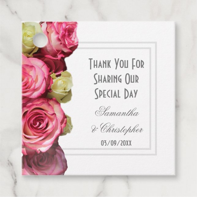 Rosa ros blommigt tack bröllop gåvor etiketter (Framsida)