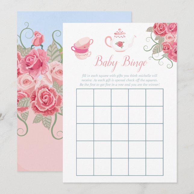 Rosa ros Blommigt Tea Party Baby Shower Baby Bingo Inbjudningar (Fram/baksida)
