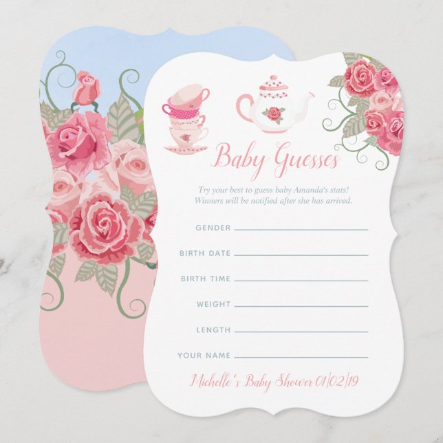Rosa ros Blommigt Tea Party Baby Shower Guesses Inbjudningar (Fram/baksida)
