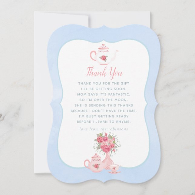 Rosa ros Blommigt Tea Party Baby Shower Tack Kort (Framsida)