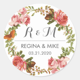 Rosa ros Blommigt Utandning Monogram Vår bröllop Runt Klistermärke