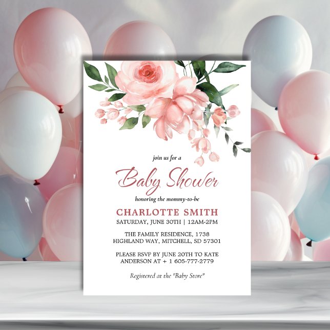  Rosa ros Blommigt Vattenfärgsbabyskor Inbjudningar (Blush Pink Rose Floral Watercolor Baby Shower Invitation)