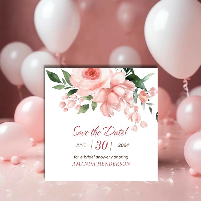  Rosa ros Blommigt Vattenfärgsfärg, Möhippa Spara Datumet (Blush Pink Rose Floral Watercolor Bridal Shower Save The Date)
