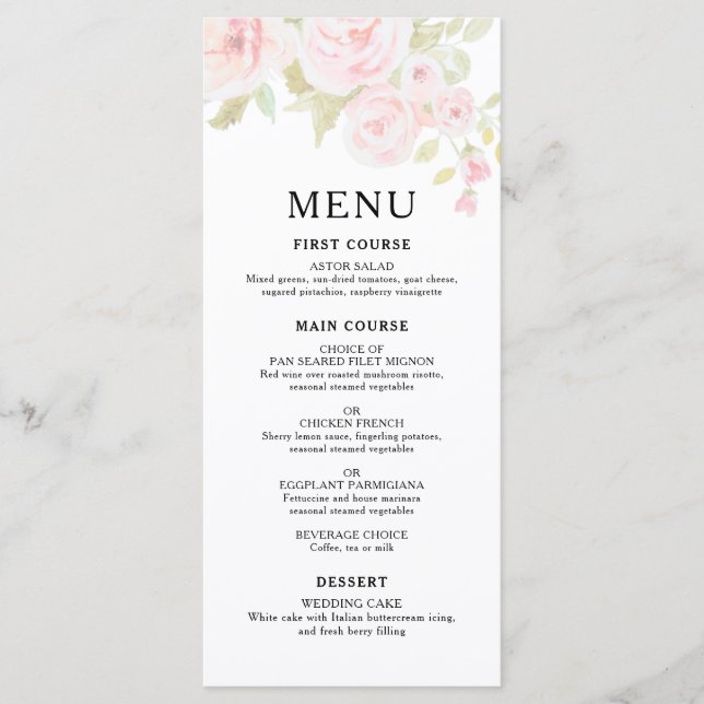  Rosa ros Blommigt Vattenfärgsmeny Bröllop Meny (Framsida)