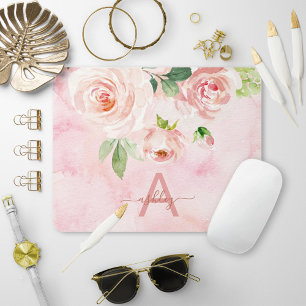  Rosa ros Blommigt Watercolor Namn Monogram Musmatta