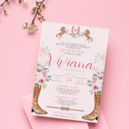 Rosa ros Blommigt Western Boots Charro Quinceanera Inbjudningar