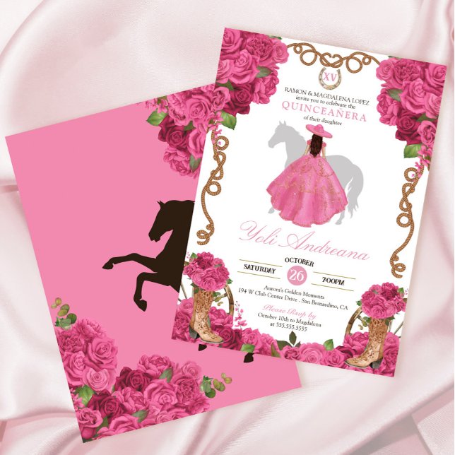 Rosa ros Blommigt Western Charro Quinceañera Inbjudningar (Skapare uppladdad)