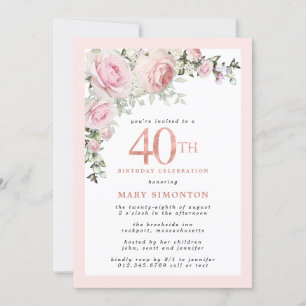 Rosa ros-Blommigten 40:e födelsedag Party Inbjudningar