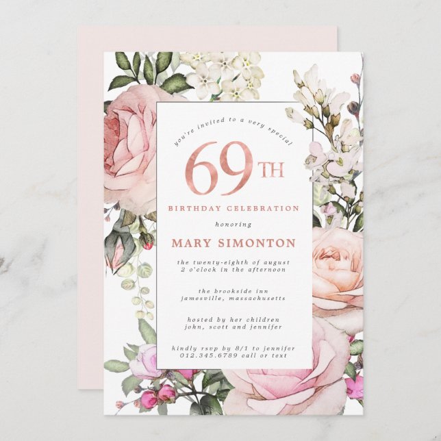  Rosa ros-Blommigten 69:e Födelsedagsfesten Inbjudningar (Fram/baksida)