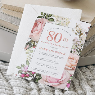 Rosa ros-Blommigten 80:e Födelsedagsfesten Inbjudningar