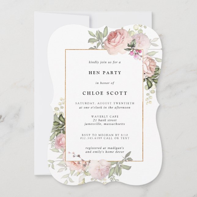  Rosa ros-Blommigten Hen Party Inbjudan (Framsida)