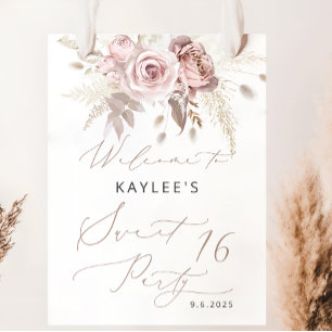 Rosa ros-Blommigten Söt 16 födelsedag Välkomna Poster