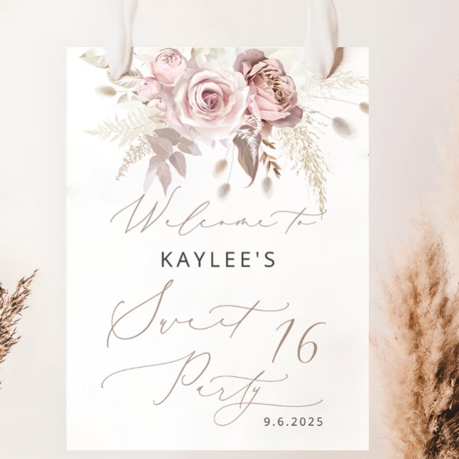  Rosa ros-Blommigten Söt 16 födelsedag Välkomna Poster (Skapare uppladdad)