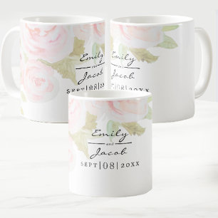 Rosa ros-Blommigten Vattenfärg Bröllop par Kaffemugg