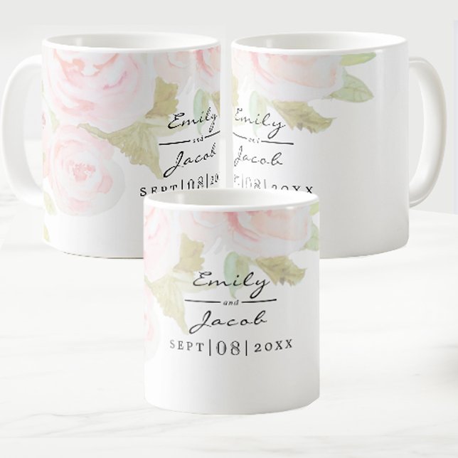  Rosa ros-Blommigten Vattenfärg Bröllop par Kaffemugg (Blush Pink Rose Floral Watercolor Wedding Couple Coffee Mug)