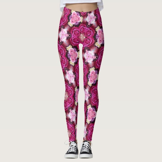 Rosa ros blommönster leggings (Framsida)
