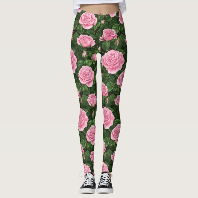 Rosa ros Blommönster Leggings (Framsida)
