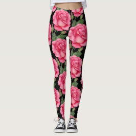 Rosa ros Blommönster, svart bakgrund Leggings
