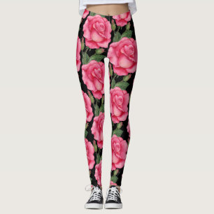 Rosa ros Blommönster, svart bakgrund Leggings