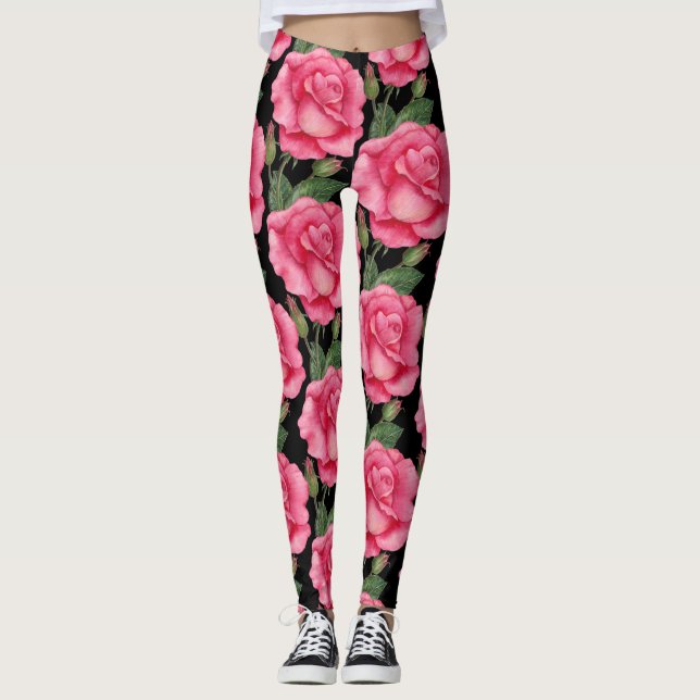 Rosa ros Blommönster, svart bakgrund Leggings (Framsida)