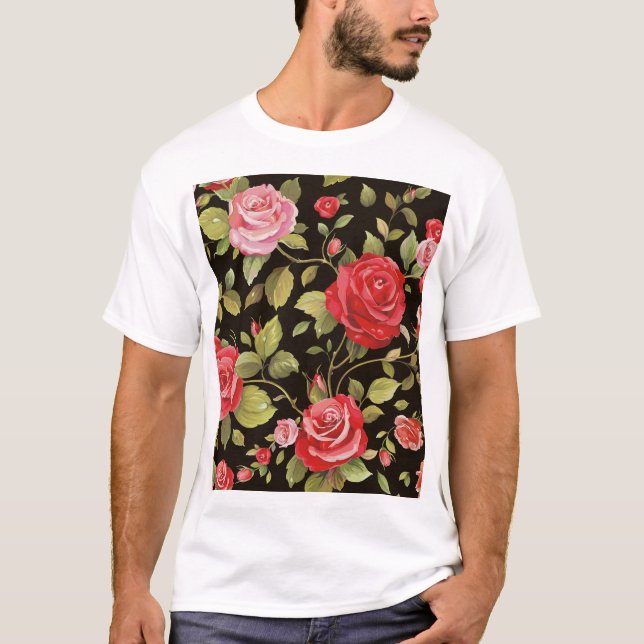 Rosa ros: blommönstret elegant. t shirt (Framsida)