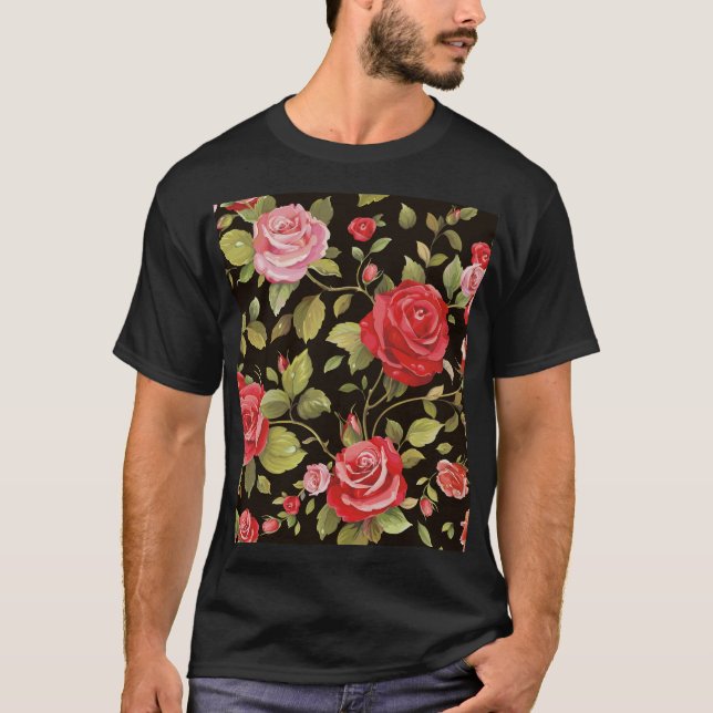 Rosa ros: blommönstret elegant. t shirt (Framsida)