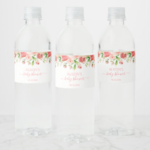 Rosa Ros Blommor Grönska Flicka Baby Shower Vattenflaskor Etikett
