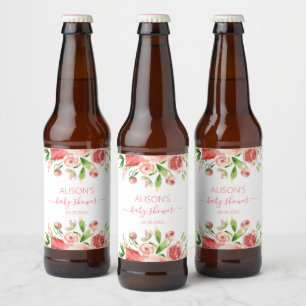 Rosa ros blomstergrönska flicka baby shower ölflaska etikett