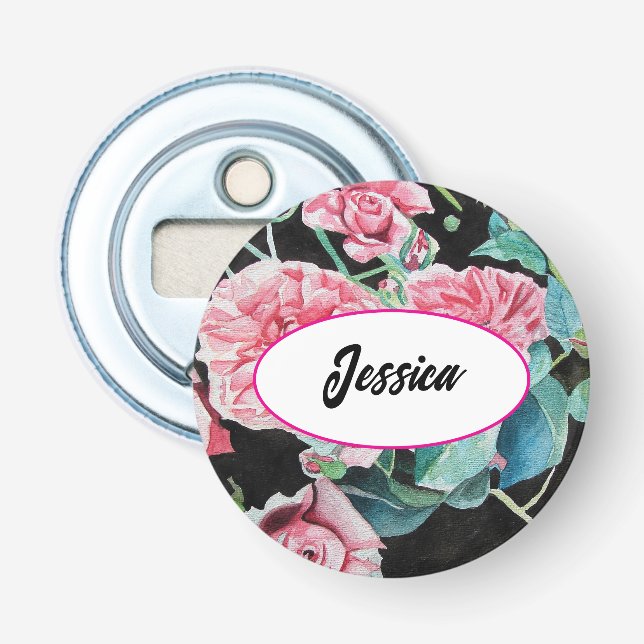 Rosa ros Blomvattenfärgen Ro Black Nyckelring Flasköppnare (Framsidan)