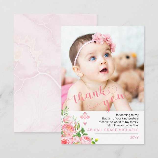 Rosa ros Blooms Baptism Photo Tack Kort (Fram/baksida)