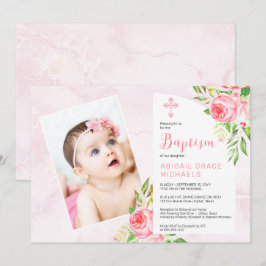 Rosa ros Blooms Girl Baby Photo Baptism Inbjudningar
