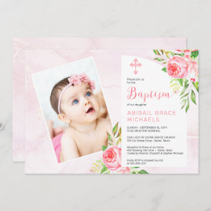 Rosa ros Blooms Girl Baby Photo Baptism Inbjudningar