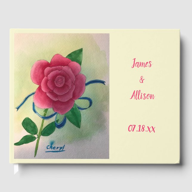 Rosa ros Blue Ribbon Bröllop Guestbook Gästböcker (Framsida)