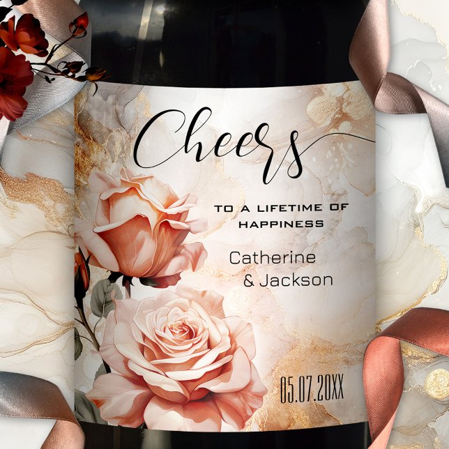 Rosa ros Boho Glam Bröllop Vinflaska Etikett (An elegant wedding wine label featuring pink roses on a veined artistic background)