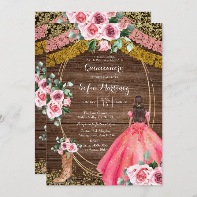 Rosa ros & Boots Charra Quinceanera 2 Inbjudningar (Fram/baksida)