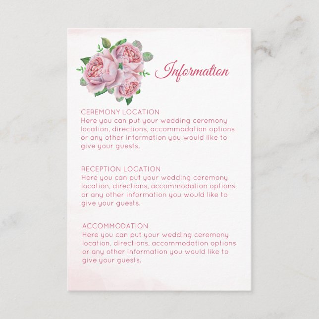 Rosa ros Bouquet Bröllop informationskort Tilläggskort (Framsida)