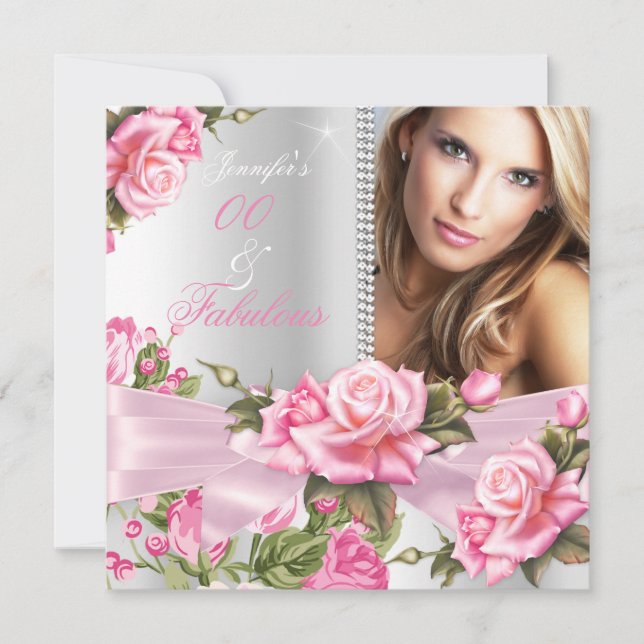 Rosa ros Bow Photo Fabulous Silver Birthday Inbjudningar (Framsida)