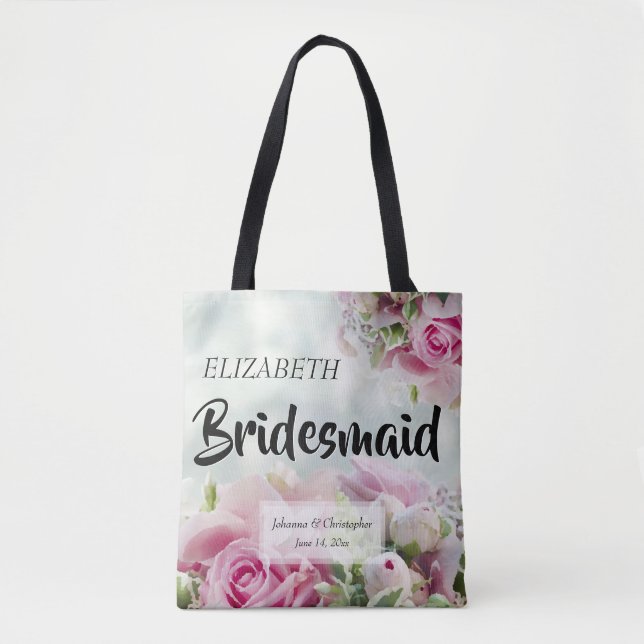 Rosa ros Bridesmaid Bröllop Tote Bag med Namn Tygkasse (Framsida)