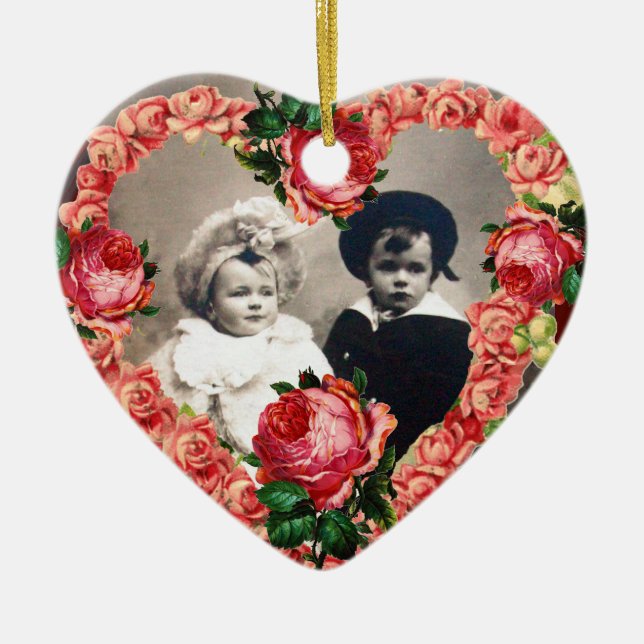 ROSA ROS BRÖLLOP HJÄRT FOTOMMALL MONOGRAM JULGRANSPRYDNAD KERAMIK (Framsidan)