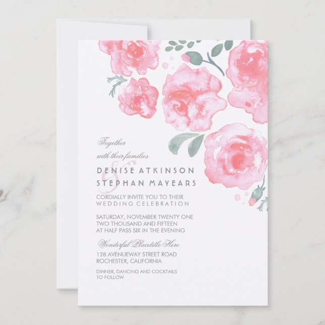 Rosa ros Bröllop - Inbjudningar om vattenfärger (Framsida)