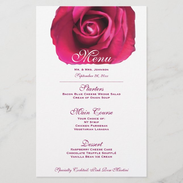 Rosa ros Bröllop Menu (Framsida)