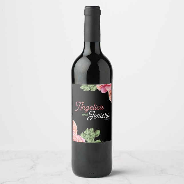 Rosa ros Bröllop Theme Vinflaska Etikett (Framsida)