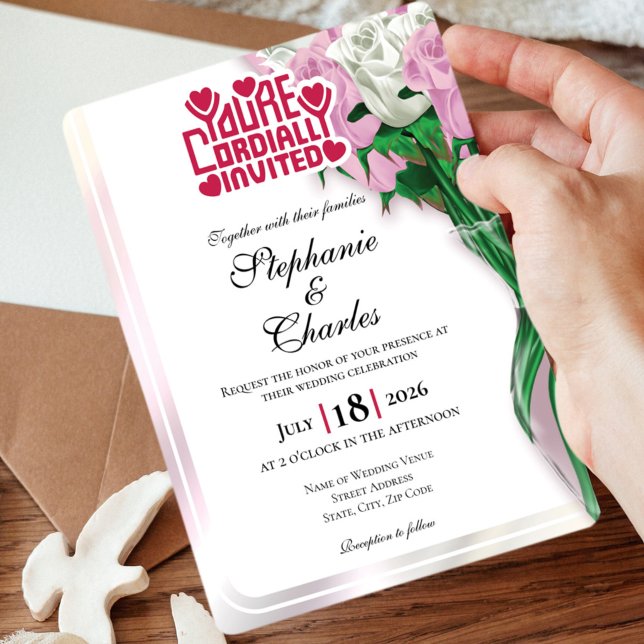 Rosa ros bröllopsinbjudan - Röd text 4 Inbjudningar (Pink and White roses in vase wedding invite design with red heading)